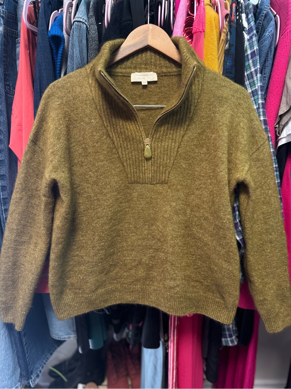 Sézane Tobias Jumper Olive Green Mohair Wool Quarter Zip Sweater
